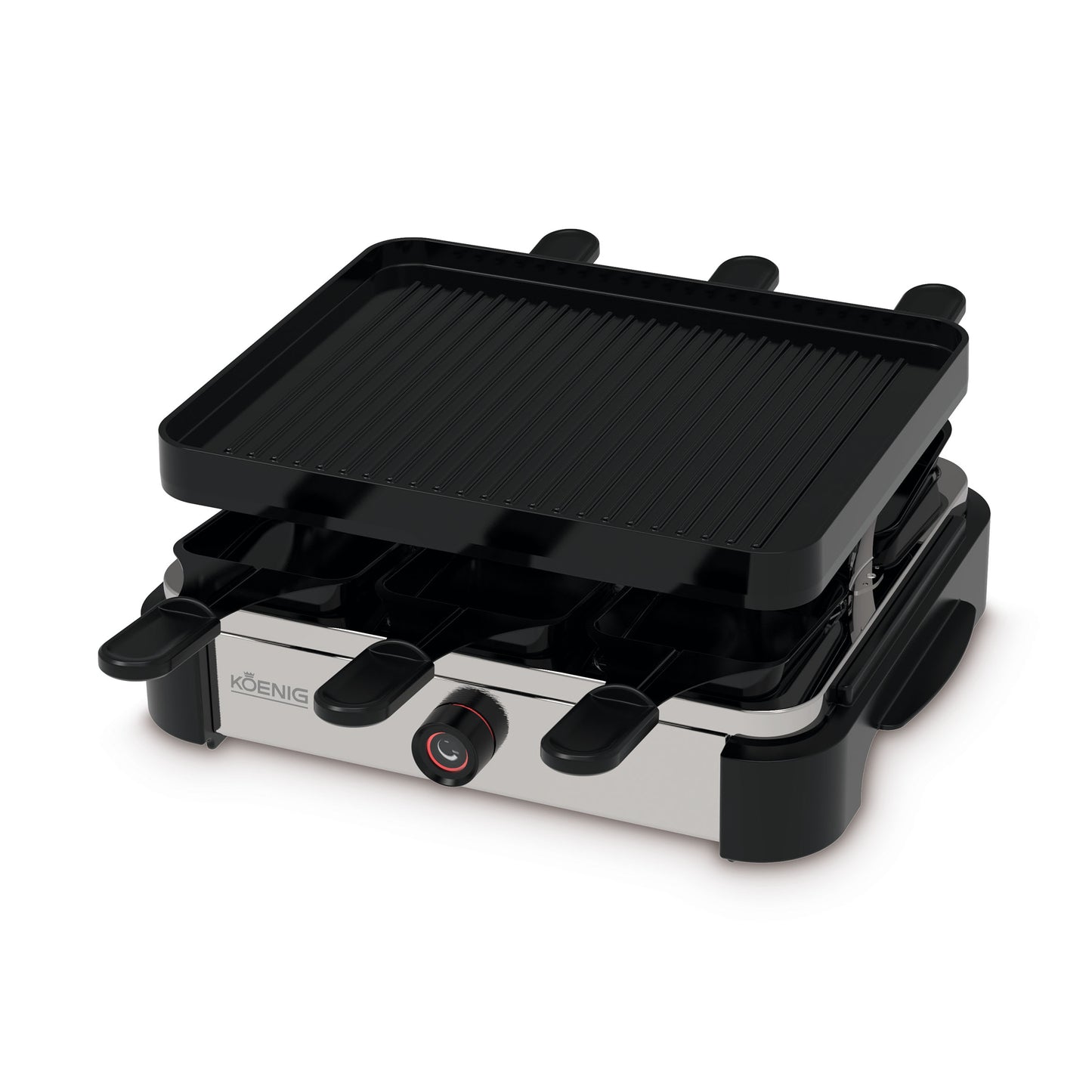 Raclette-Grill Pro 6er von KOENIG | Die robuste Grillplatte aus Druckguss mit PFAS-freier Antihaftbeschichtung verhindert Ankleben und ermöglicht einfaches Reinigen. Mit praktischer Temperaturregelung und extralangem Kabel ist dieses Modell perfekt für spontane Grillpartys oder Raclette-Abende.