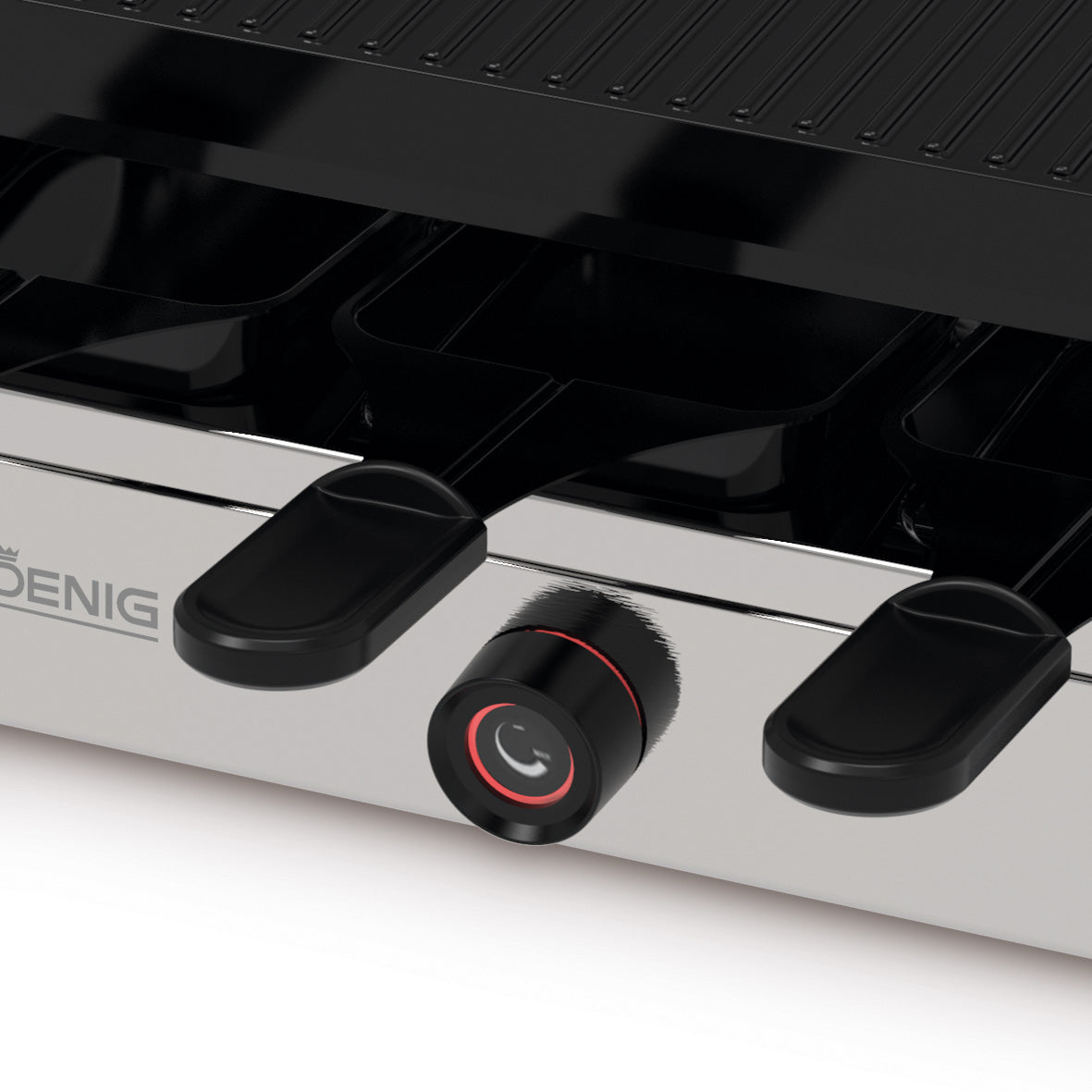 Raclette-Grill Pro 6er von KOENIG | Die robuste Grillplatte aus Druckguss mit PFAS-freier Antihaftbeschichtung verhindert Ankleben und ermöglicht einfaches Reinigen. Mit praktischer Temperaturregelung und extralangem Kabel ist dieses Modell perfekt für spontane Grillpartys oder Raclette-Abende.