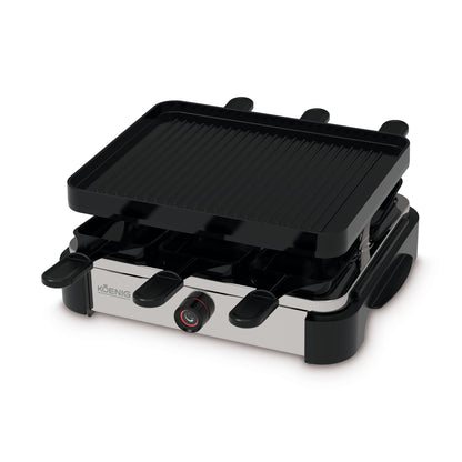 Raclette-Grill Pro 6er von KOENIG | Die robuste Grillplatte aus Druckguss mit PFAS-freier Antihaftbeschichtung verhindert Ankleben und ermöglicht einfaches Reinigen. Mit praktischer Temperaturregelung und extralangem Kabel ist dieses Modell perfekt für spontane Grillpartys oder Raclette-Abende.
