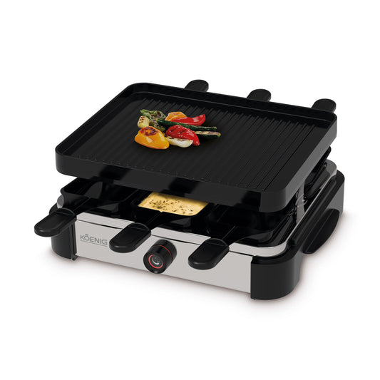 Raclette-Grill Pro 6er von KOENIG | Die robuste Grillplatte aus Druckguss mit PFAS-freier Antihaftbeschichtung verhindert Ankleben und ermöglicht einfaches Reinigen. Mit praktischer Temperaturregelung und extralangem Kabel ist dieses Modell perfekt für spontane Grillpartys oder Raclette-Abende.